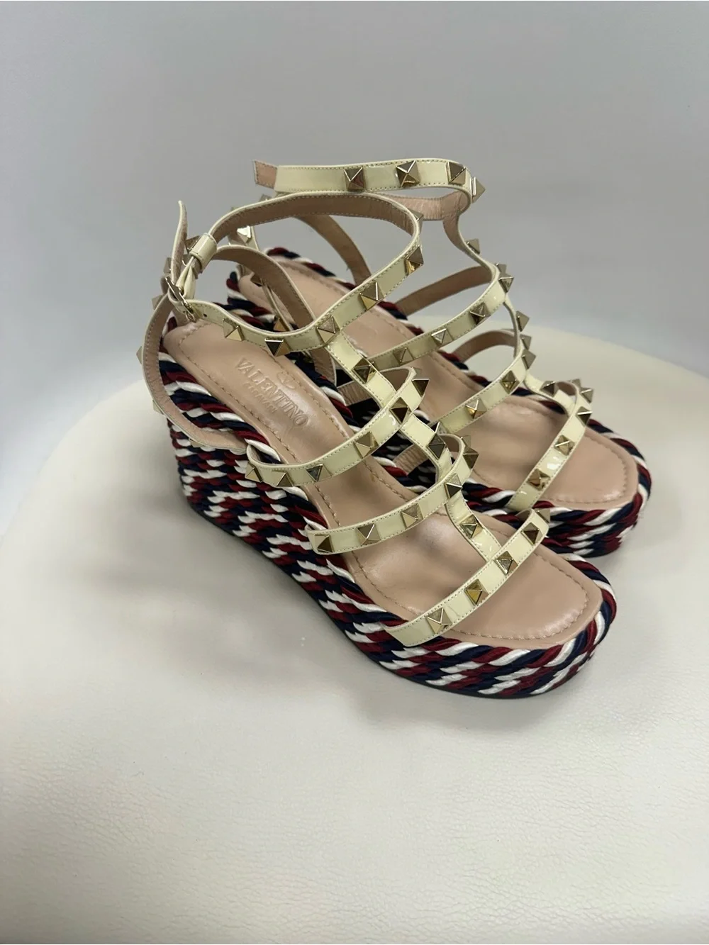 Valentino Garavani Rockstud Braided Rope Platform Wedge Sandals Size 37